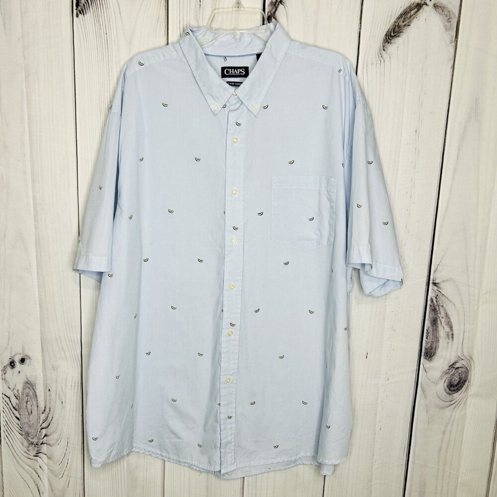 Chaps Short Sleeve Button Down Sz 3XB Men’s All Over Limes Pattern Light Blue